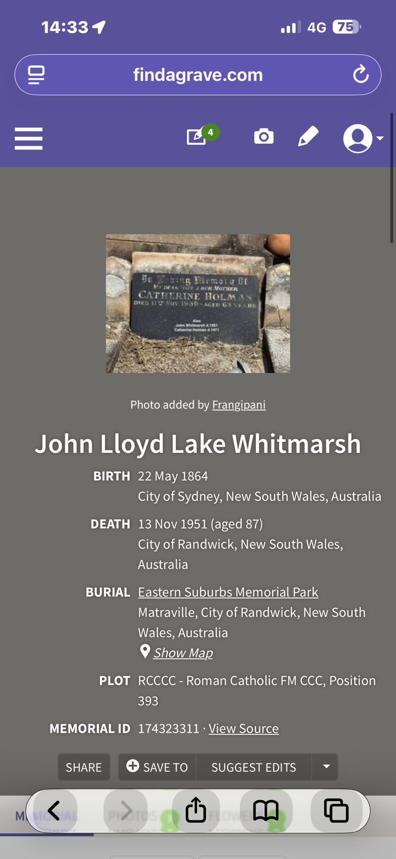 Grave of John Lloyd Lake Whitmarsh